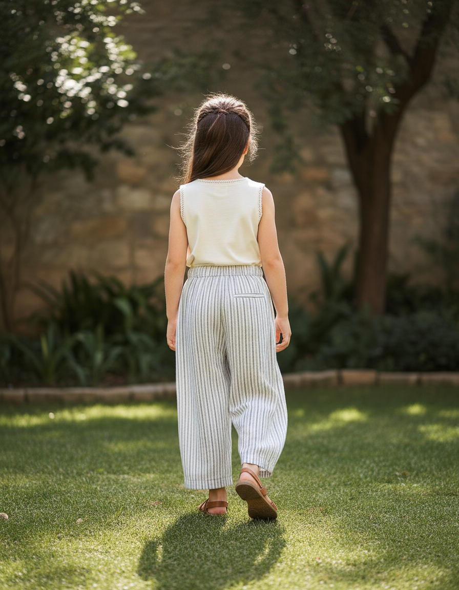 Pantalon En Lin Raye Bleu Et Blanc - vue 2