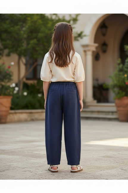 Pantalon En Lin Fille Bleu Marine Coupe Ample - vue 2