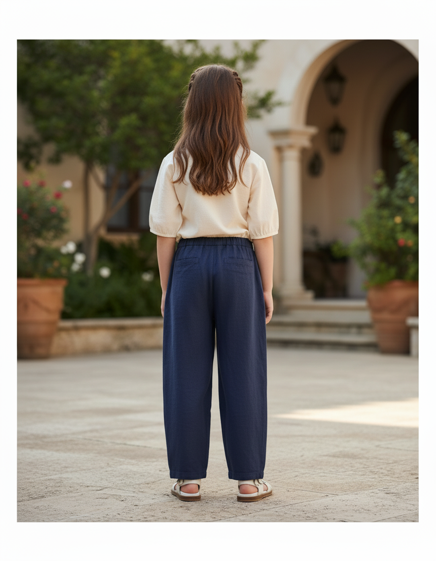 Pantalon En Lin Fille Bleu Marine Coupe Ample - vue 2