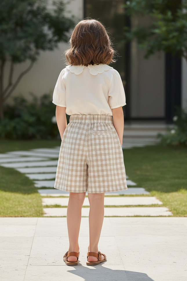 Pantalon En Lin Carreaux Beige Ample Confortable Enfant - vue 2