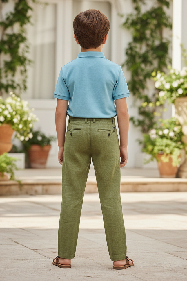 Pantalon En Lin Vert Brodé Droit Décontracté Garçon - Kaki - vue 2