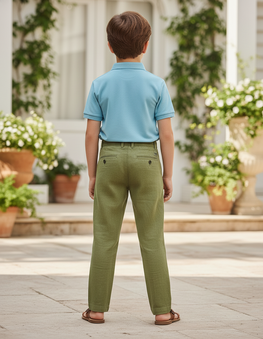 Pantalon En Lin Vert Brodé Droit Décontracté Garçon - Kaki - vue 2