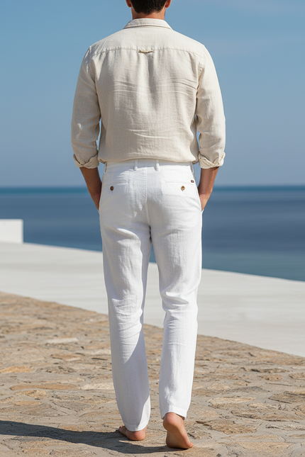 Pantalon En Lin Blanc Décontracté Boutons Confortable Respirant - vue 2