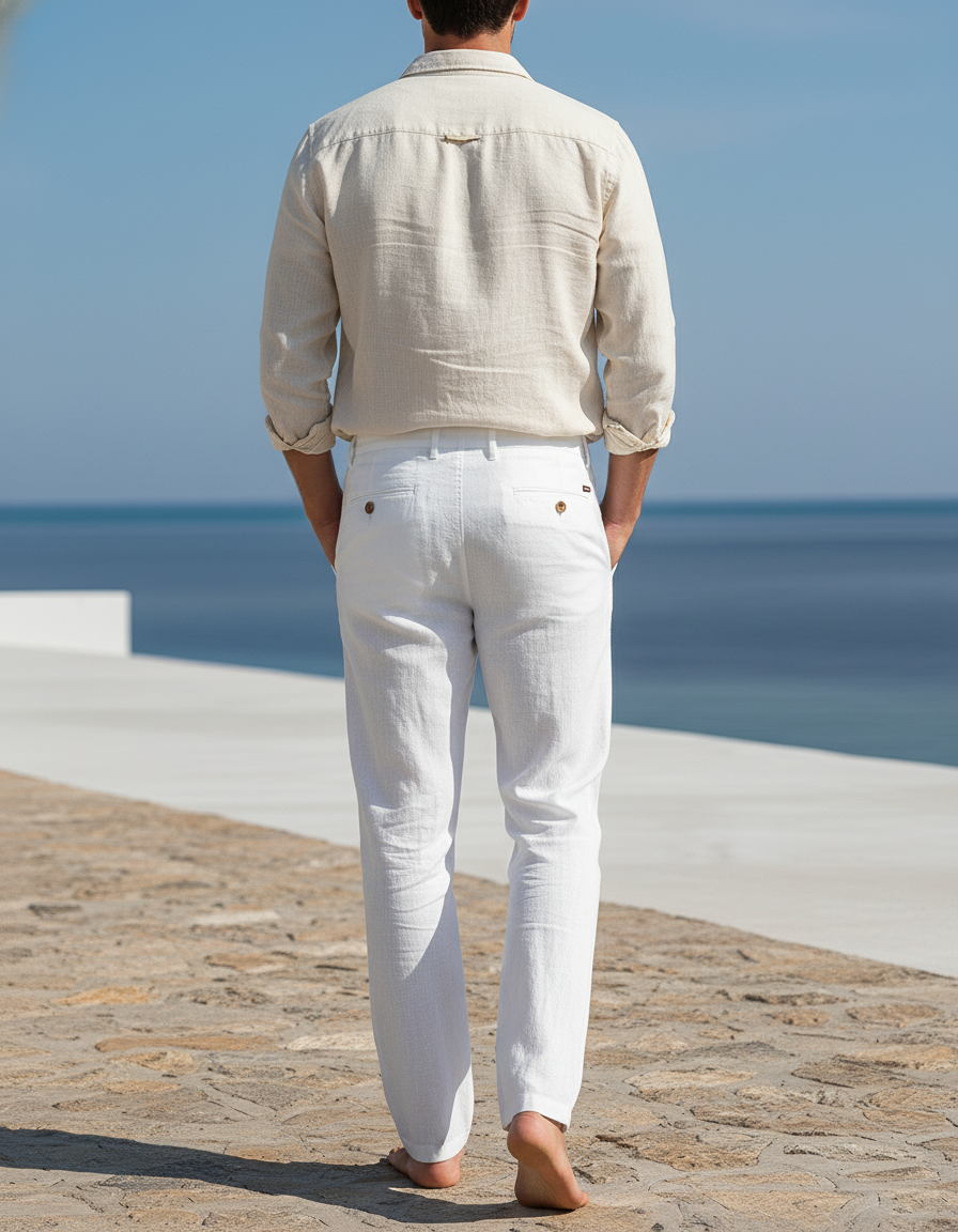 Pantalon En Lin Blanc Décontracté Boutons Confortable Respirant - vue 2