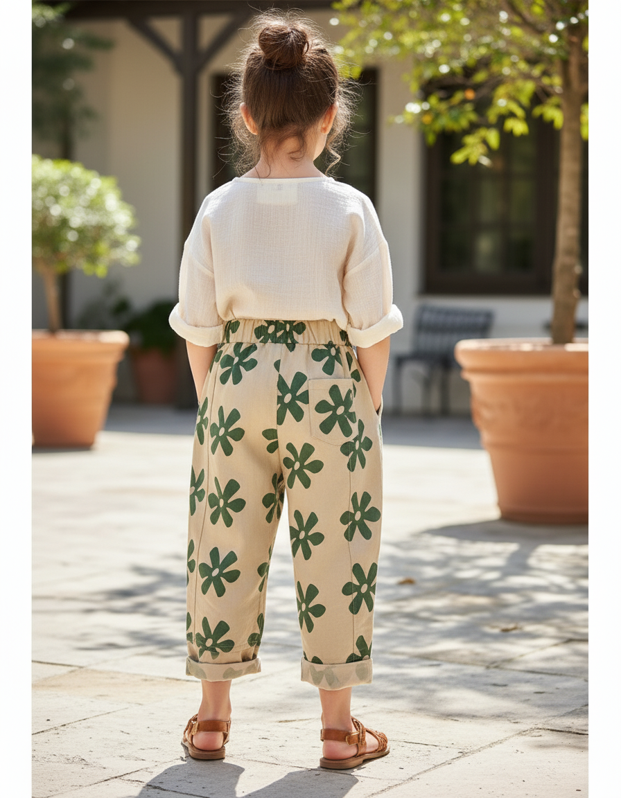 Pantalon En Lin Beige Fleuri Ample Décontracté Enfant - vue 2