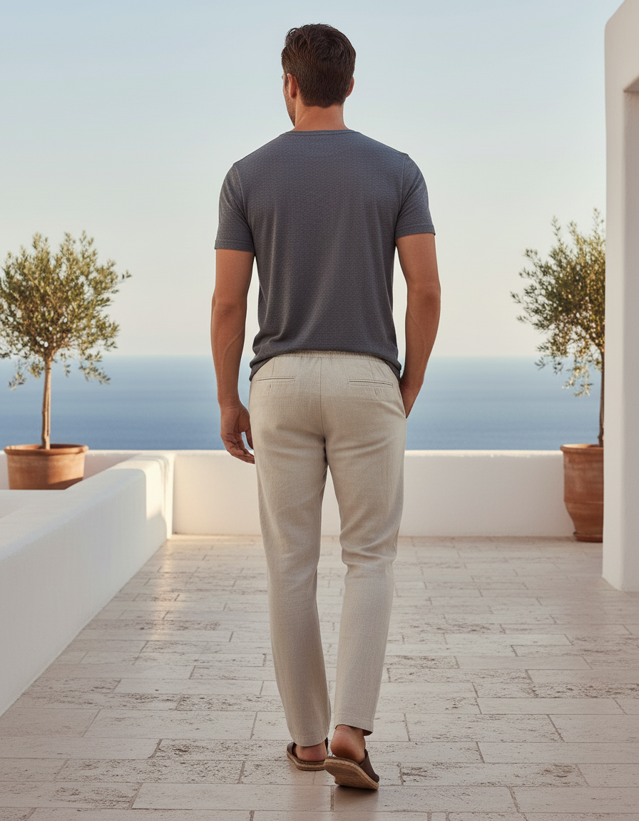 Pantalon En Lin Beige Droit Léger Décontracté Cordon - vue 2