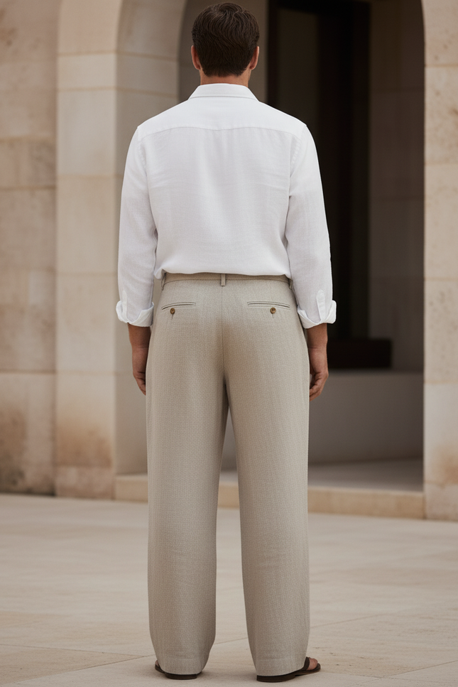 Pantalon En Lin Beige Ample Plissé Homme Élégant - vue 2