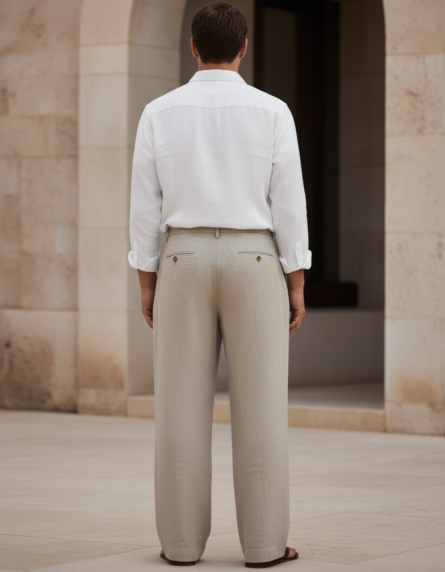 Pantalon En Lin Beige Ample Plissé Homme Élégant - vue 2