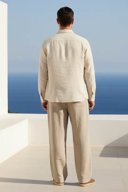 Pantalon En Lin Beige Ample Droit Décontracté Homme - vue 2