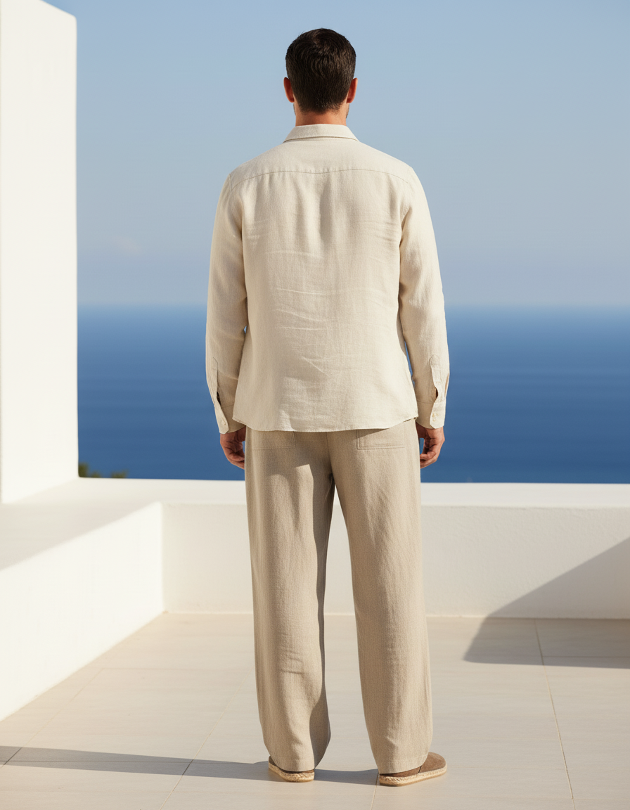Pantalon En Lin Beige Ample Droit Décontracté Homme - vue 2