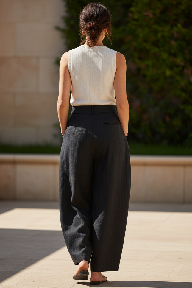 Pantalon En Lin Noir Plissé Large Élégant Fluide Femme - vue 2