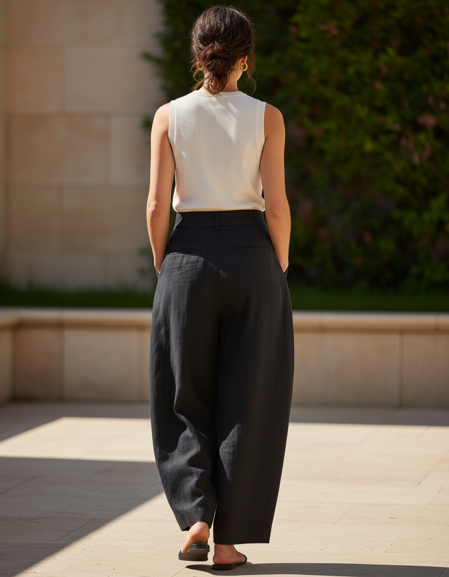 Pantalon En Lin Noir Plissé Large Élégant Fluide Femme - vue 2