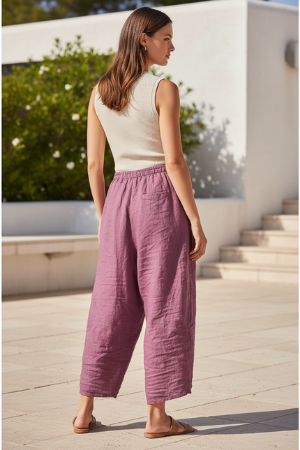 Pantalon En Lin Violet Ample Cordon Décontracté - vue 2