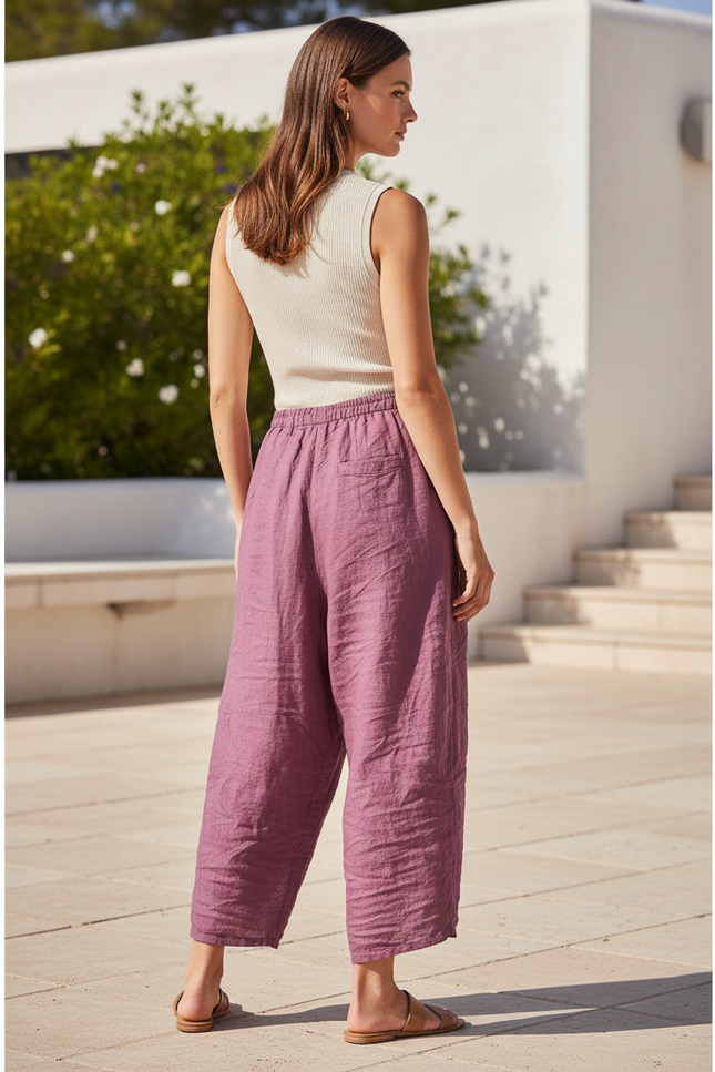 Pantalon En Lin Violet Ample Cordon Décontracté - vue 2