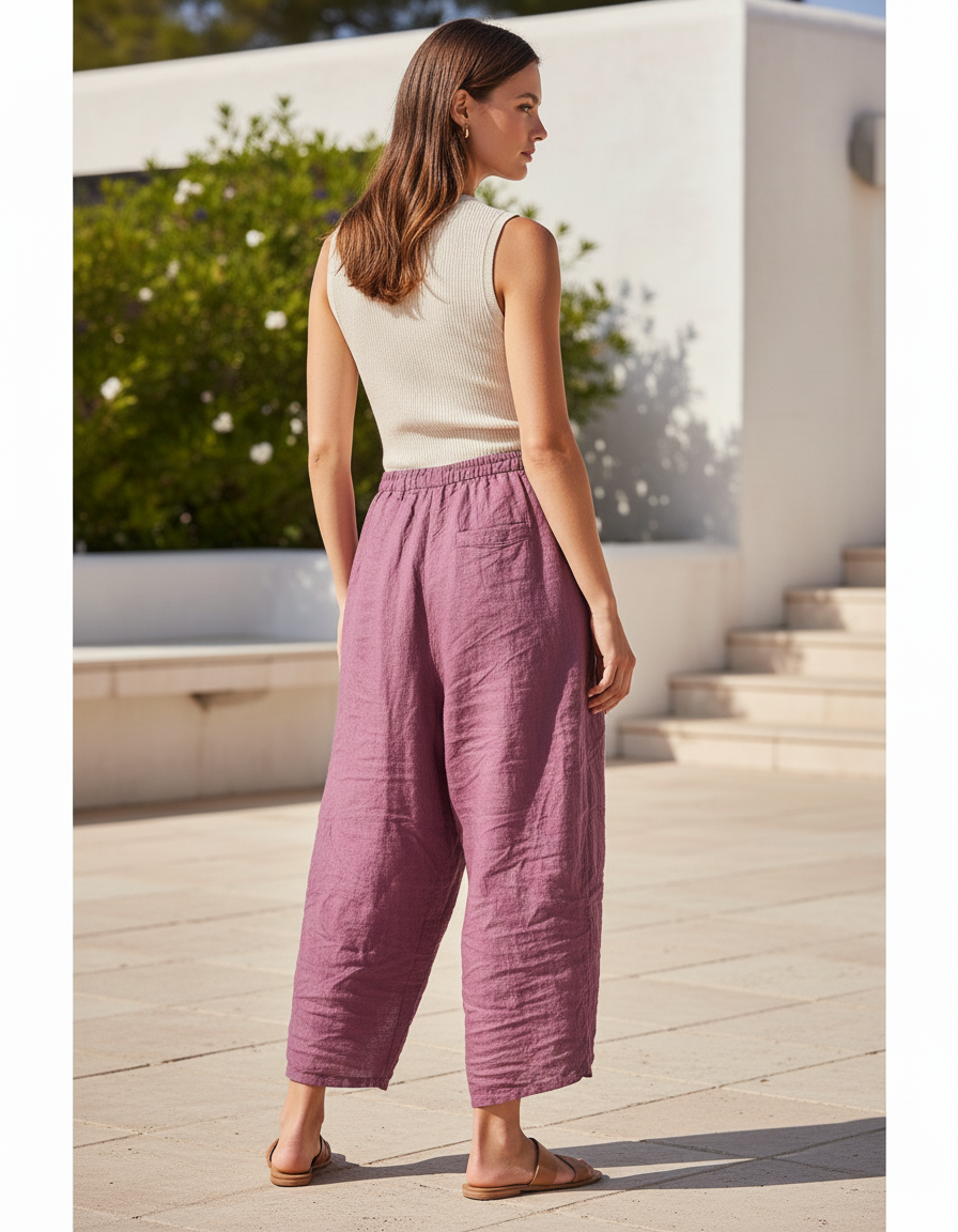 Pantalon En Lin Violet Ample Cordon Décontracté - vue 2