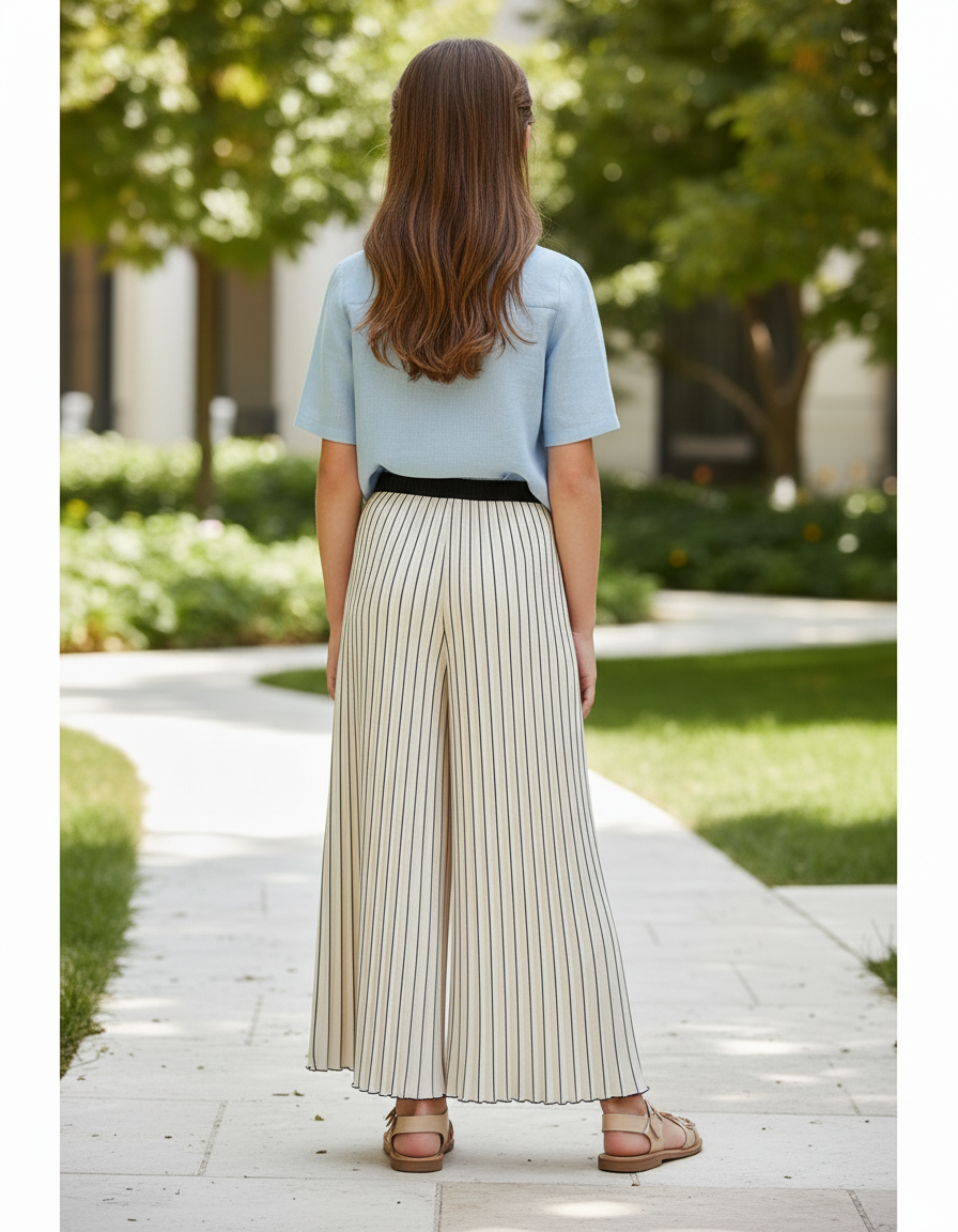 Pantalon En Lin Plissé Rayé Ample Drapé Élégant - Beige - vue 2