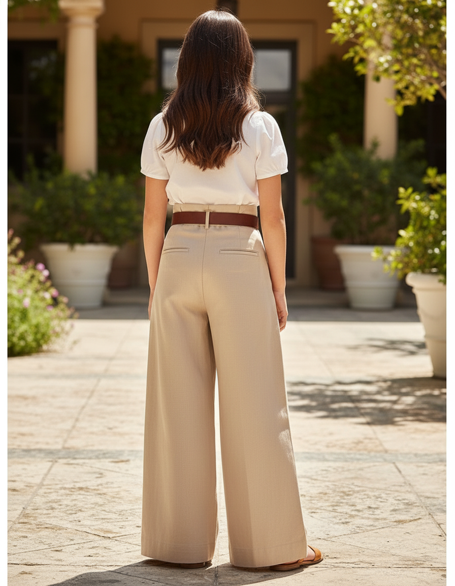 Pantalon En Lin Beige Ample Plissé Confortable Fille - vue 2