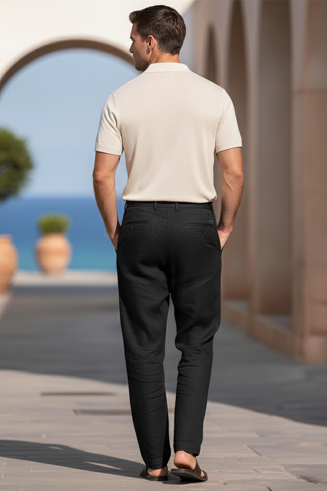 Pantalon En Lin Noir Plissé Droit Homme Décontracté - vue 2