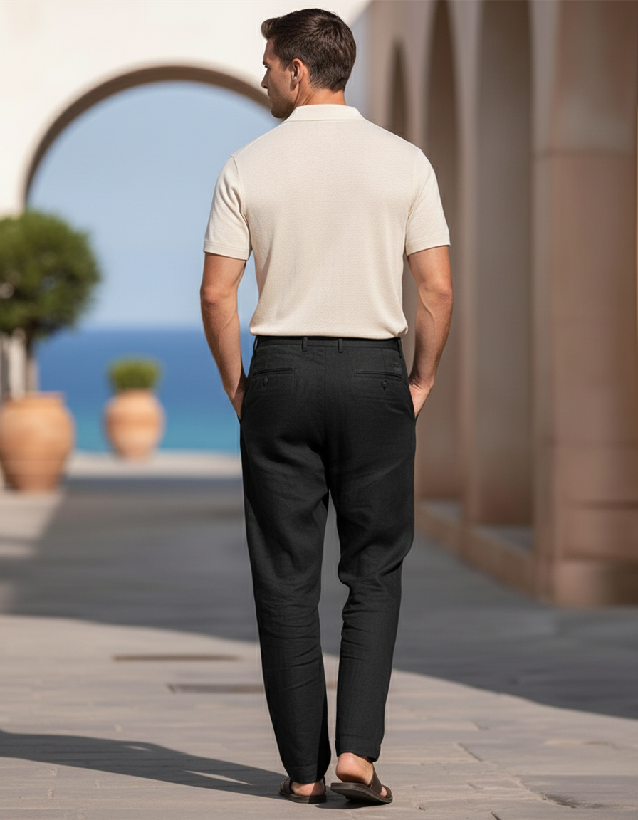 Pantalon En Lin Noir Plissé Droit Homme Décontracté - vue 2