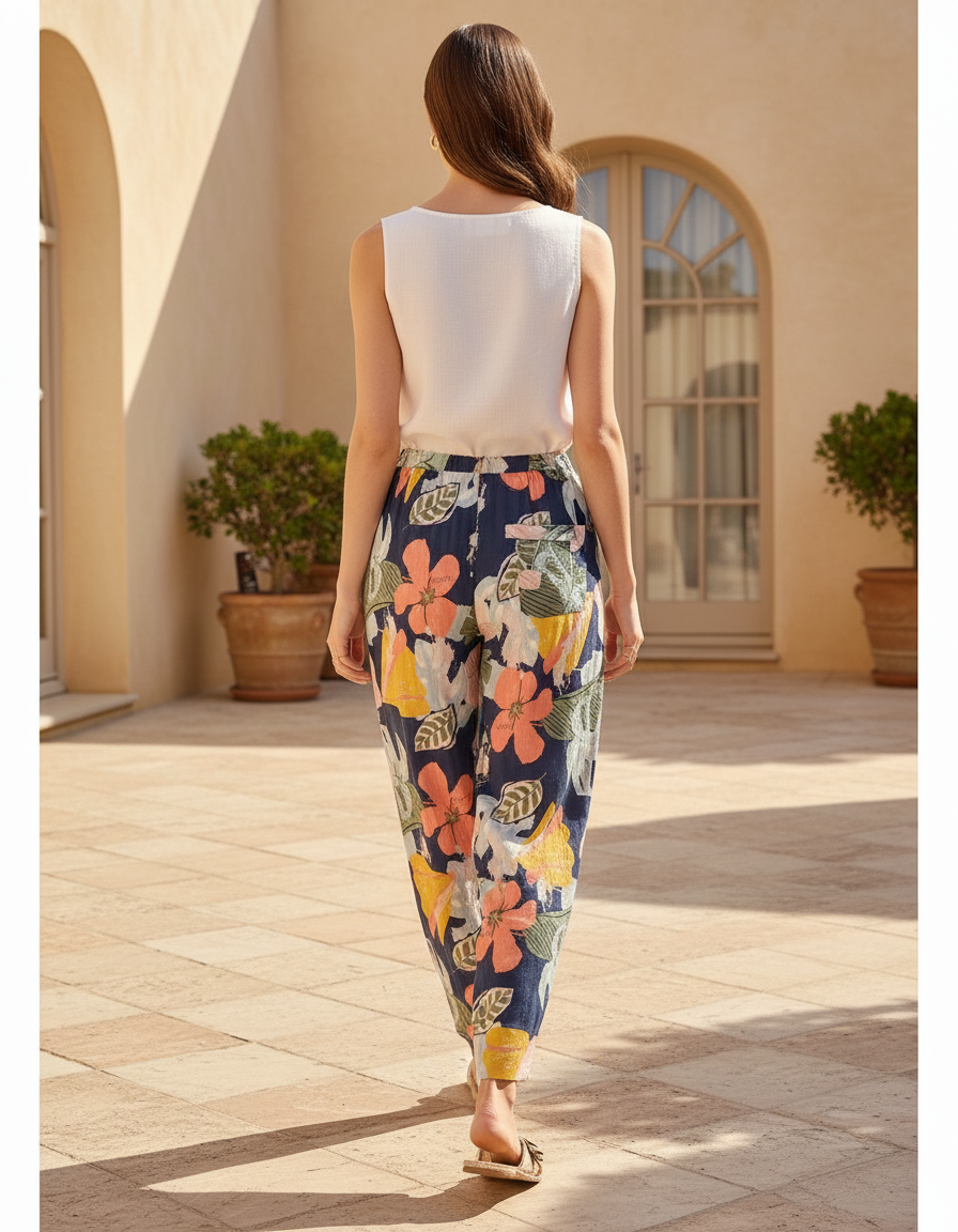 Pantalon En Lin Fleuri Ample Estival Femme - Multicolore - vue 2