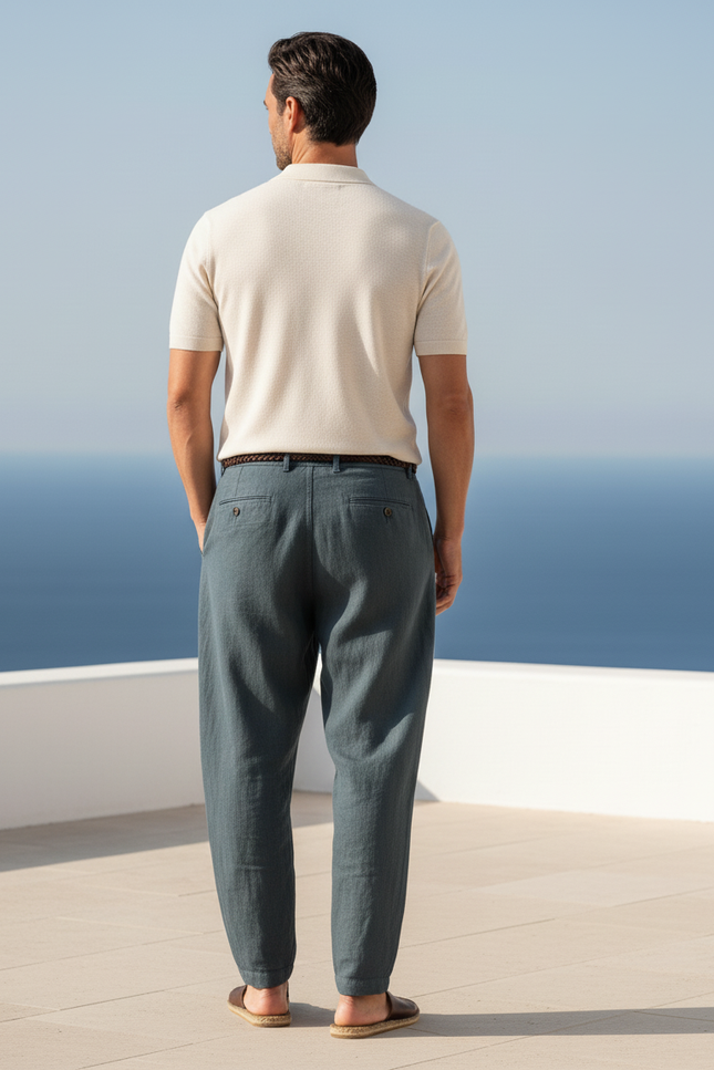 Pantalon En Lin Anthracite Ample Décontracté Homme Coton - Bleu - vue 2