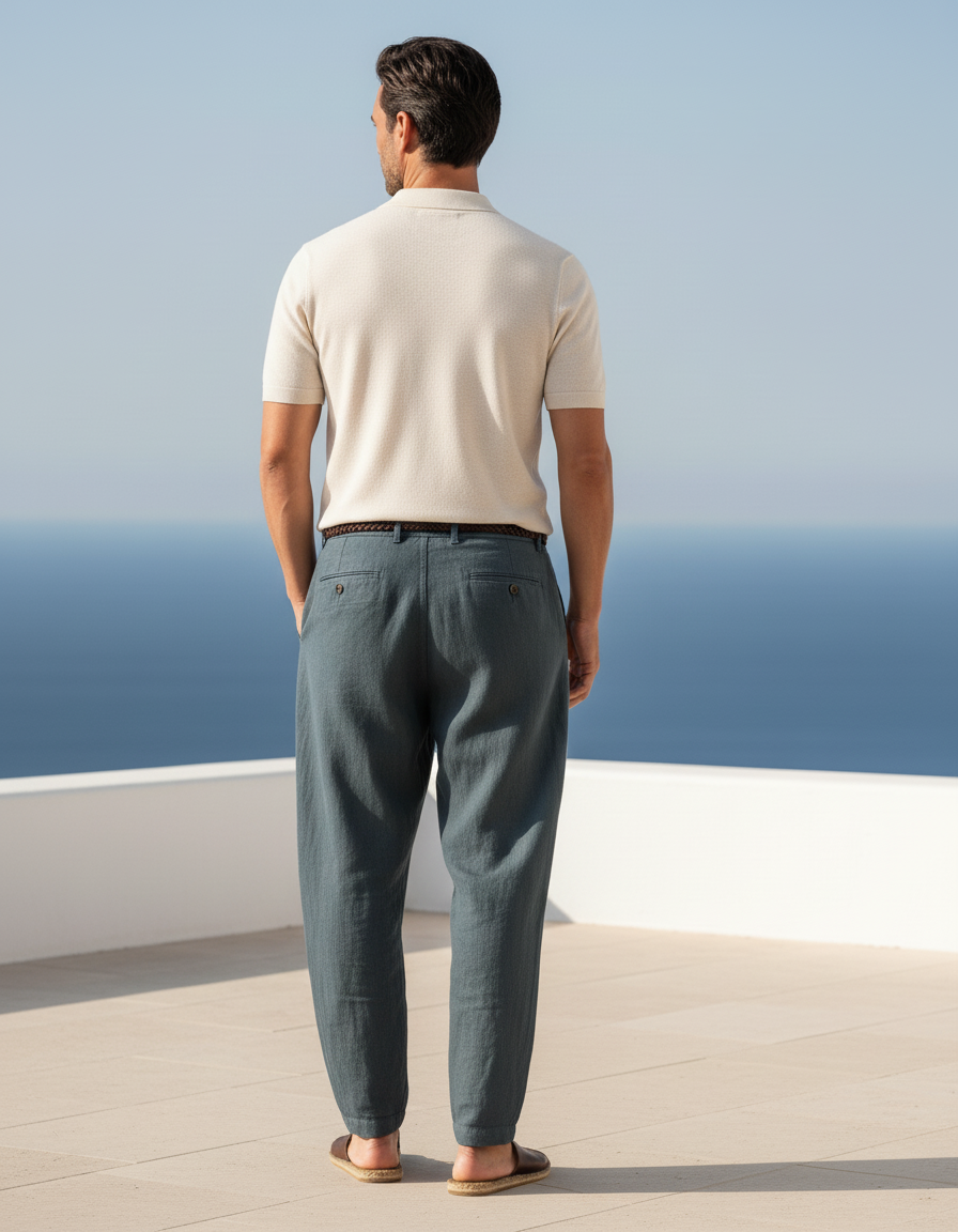 Pantalon En Lin Anthracite Ample Décontracté Homme Coton - Bleu - vue 2