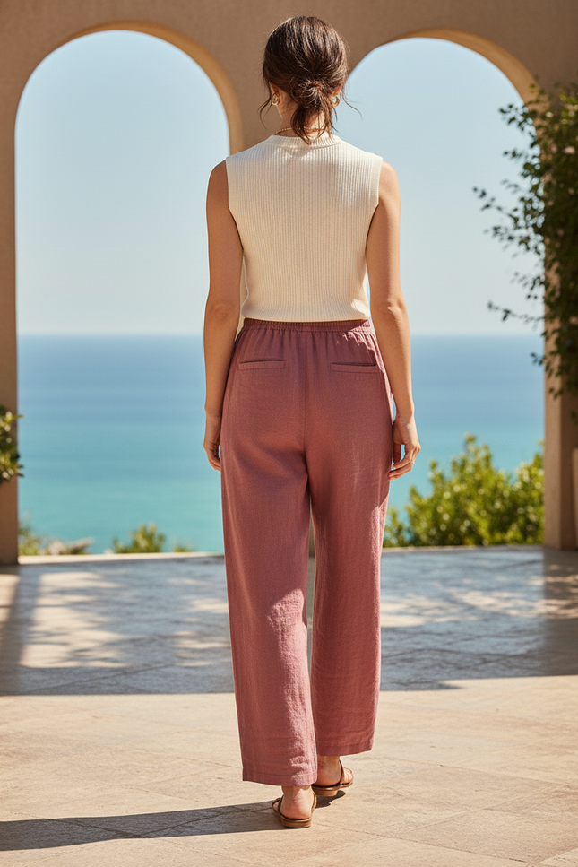 Pantalon En Lin Rose Ample Femme Décontracté Fluide - vue 2
