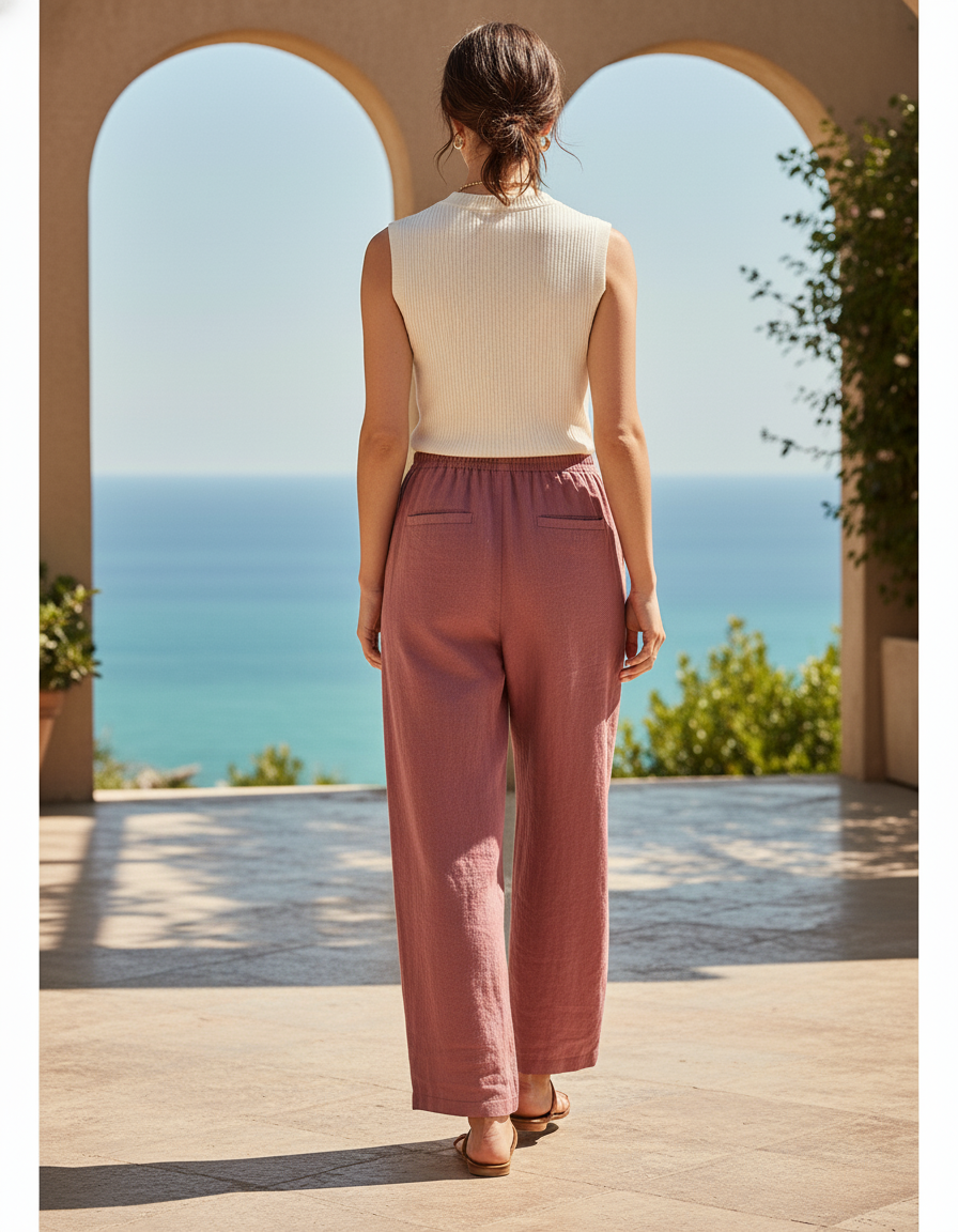 Pantalon En Lin Rose Ample Femme Décontracté Fluide - vue 2