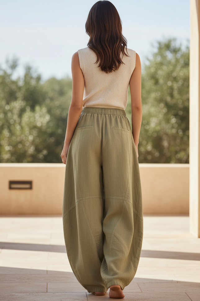 Pantalon En Lin Ample Vert Kaki Fluide Décontracté Femme - vue 2