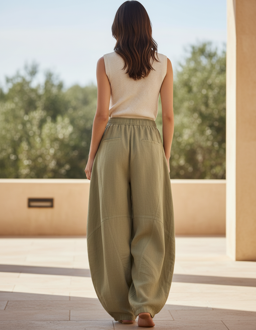 Pantalon En Lin Ample Vert Kaki Fluide Décontracté Femme - vue 2