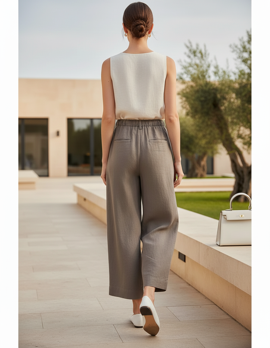 Pantalon En Lin Gris Large Fluide Décontracté Élégant - Kaki - vue 2