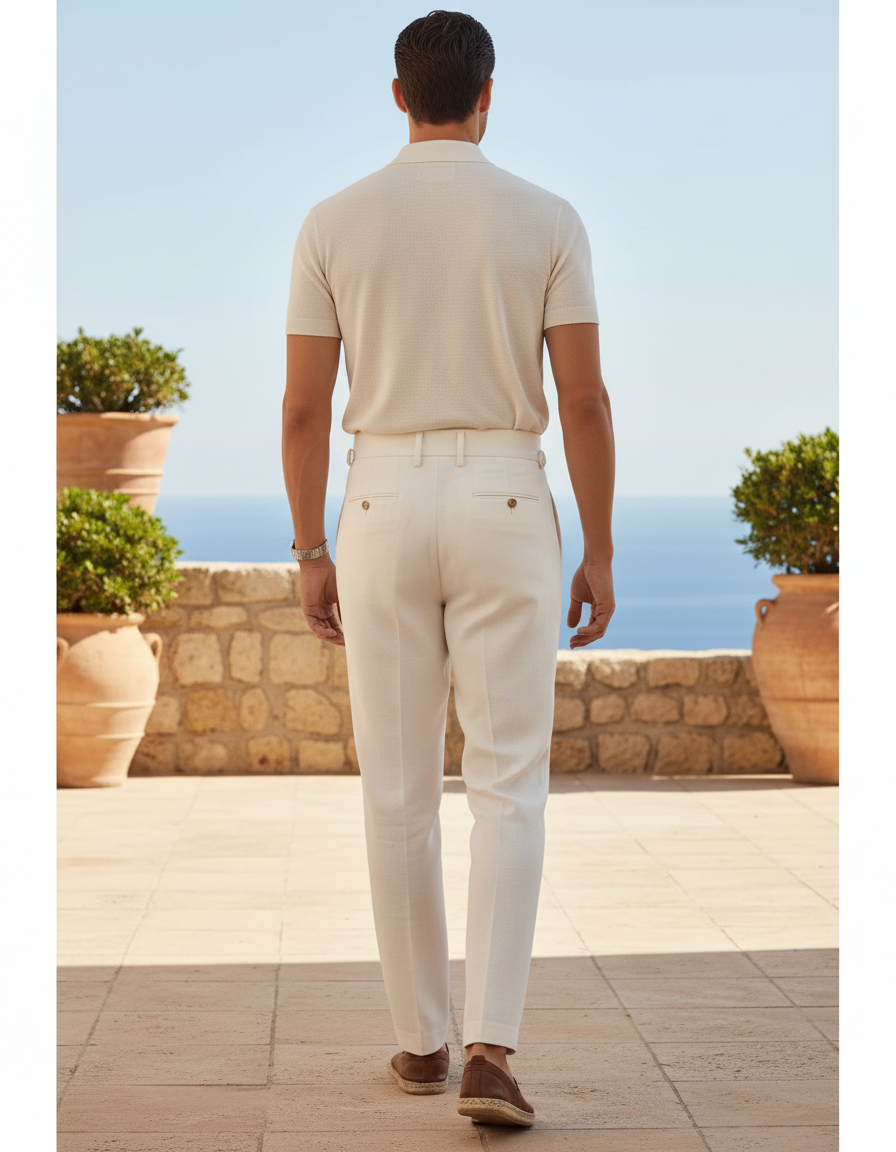 Pantalon En Lin Plissé Crème Droit Élégant Homme - Beige - vue 2