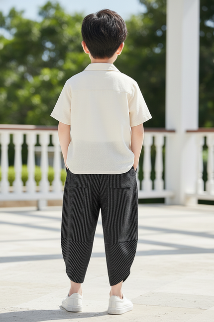 Pantalon En Lin Rayé Noir Ample Garçon Décontracté - vue 2