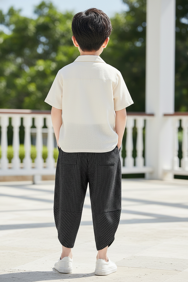 Pantalon En Lin Rayé Noir Ample Garçon Décontracté - vue 2