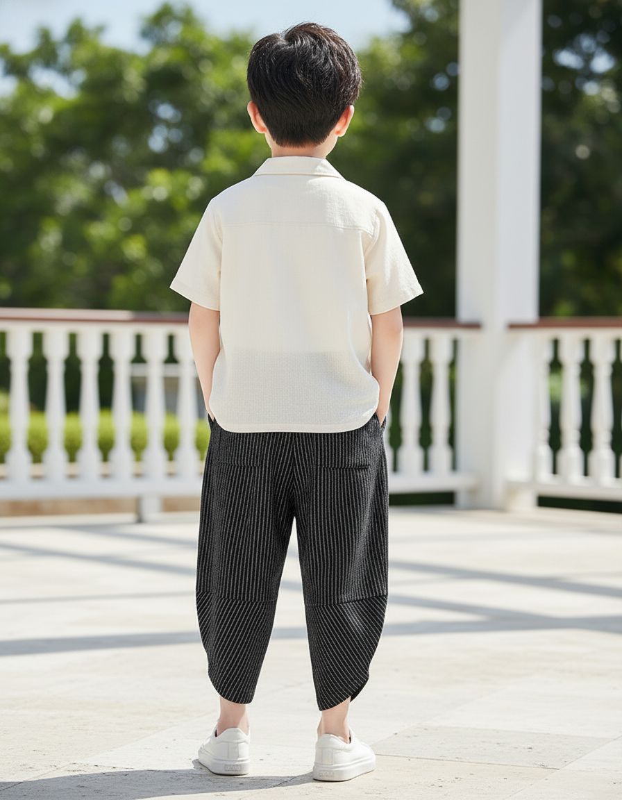 Pantalon En Lin Rayé Noir Ample Garçon Décontracté - vue 2