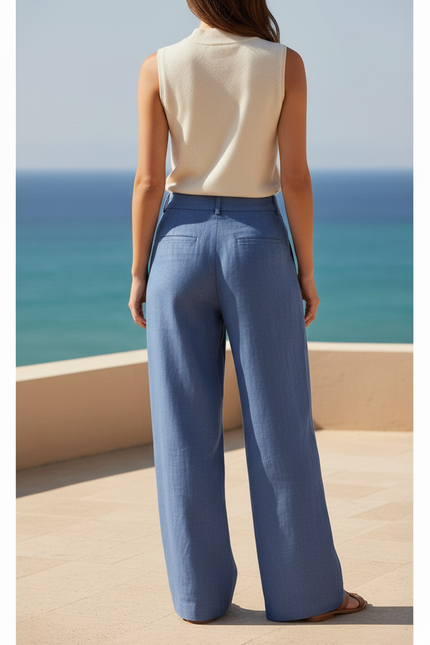 Pantalon En Lin Ample Bleu Taille Haute Fluide - vue 2