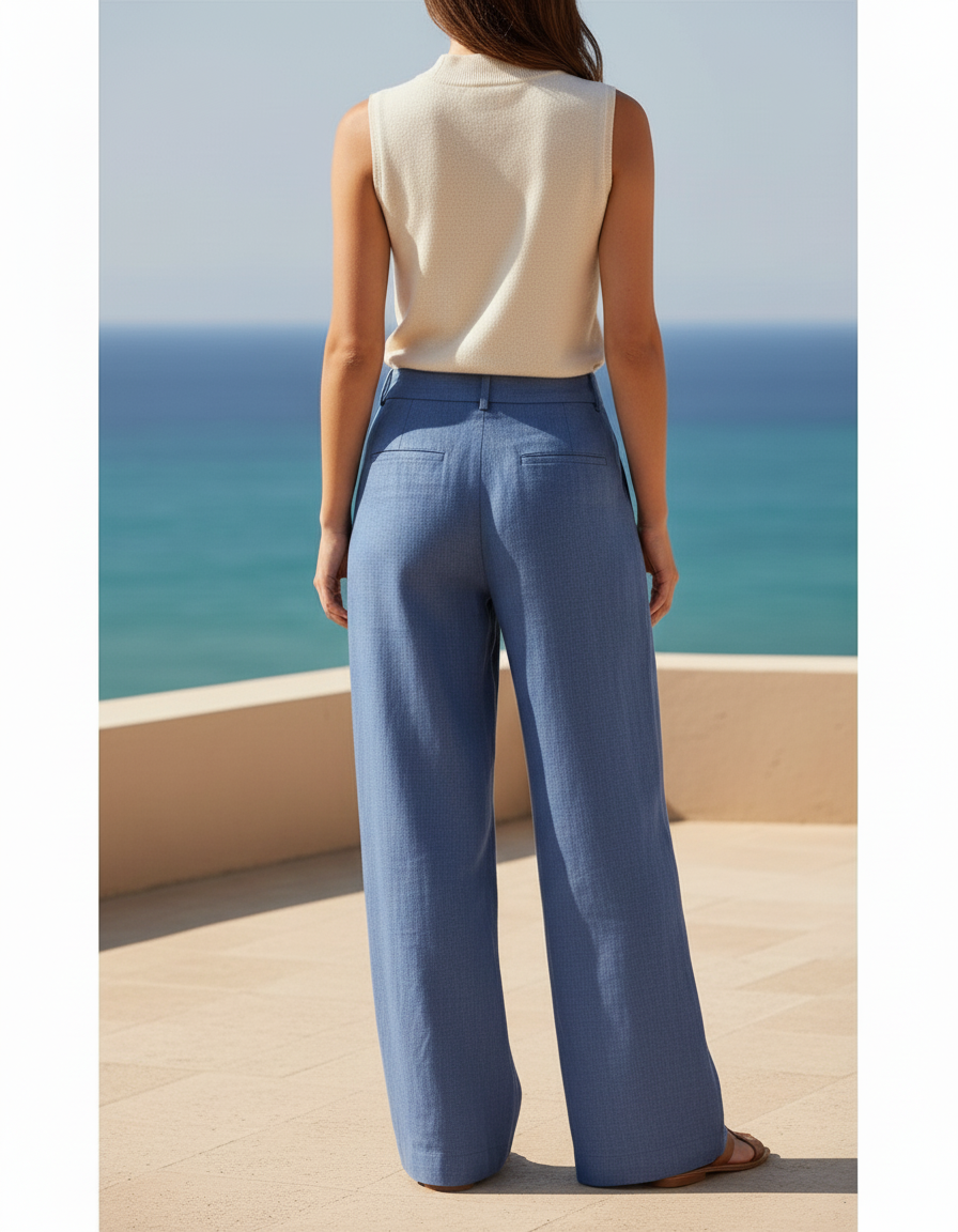 Pantalon En Lin Ample Bleu Taille Haute Fluide - vue 2