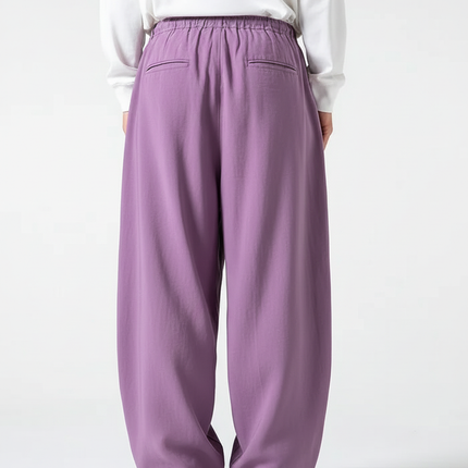 Pantalon En Lin Violet Ample Plissé Cordon Unisexe
