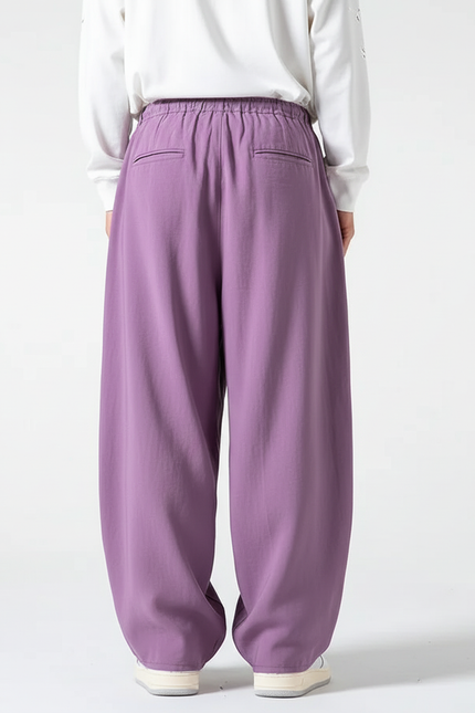 Pantalon En Lin Violet Ample Plissé Cordon Unisexe