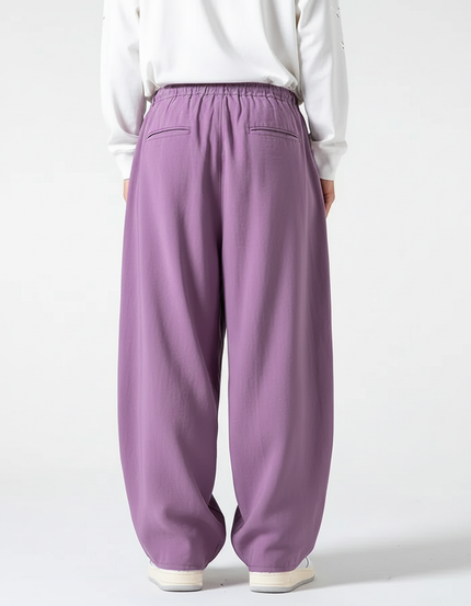 Pantalon En Lin Violet Ample Plissé Cordon Unisexe