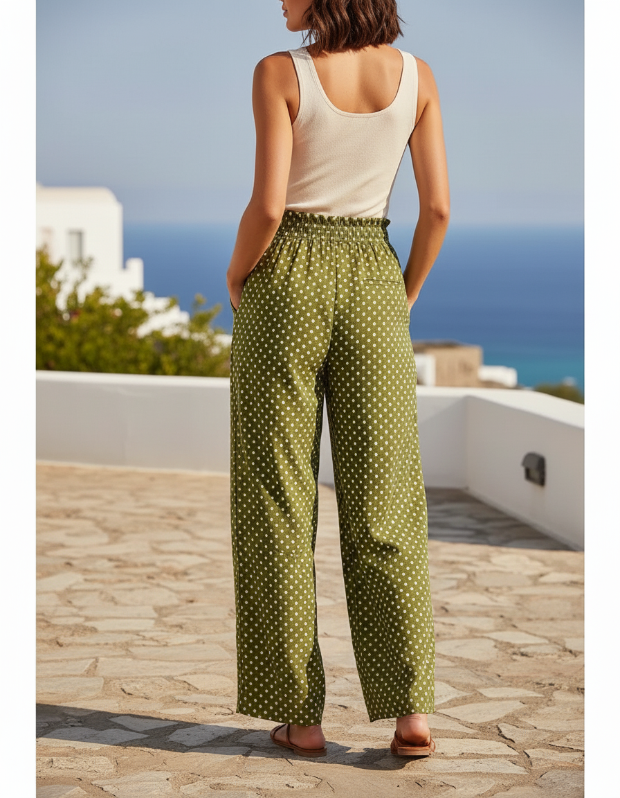 Pantalon En Lin Vert À Pois Ample Fluide Taille Haute - Kaki - vue 2