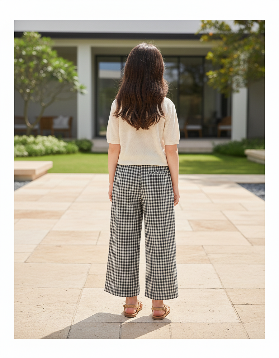 Pantalon En Lin Carreaux Vichy Ample Décontracté Enfant - Imprimé - vue 2