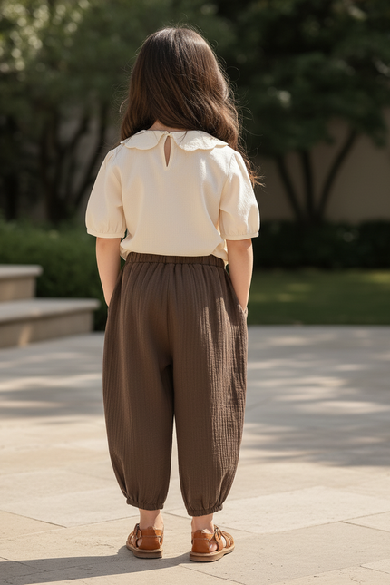 Pantalon En Lin Enfant Ample Marron Décontracté Léger - vue 2