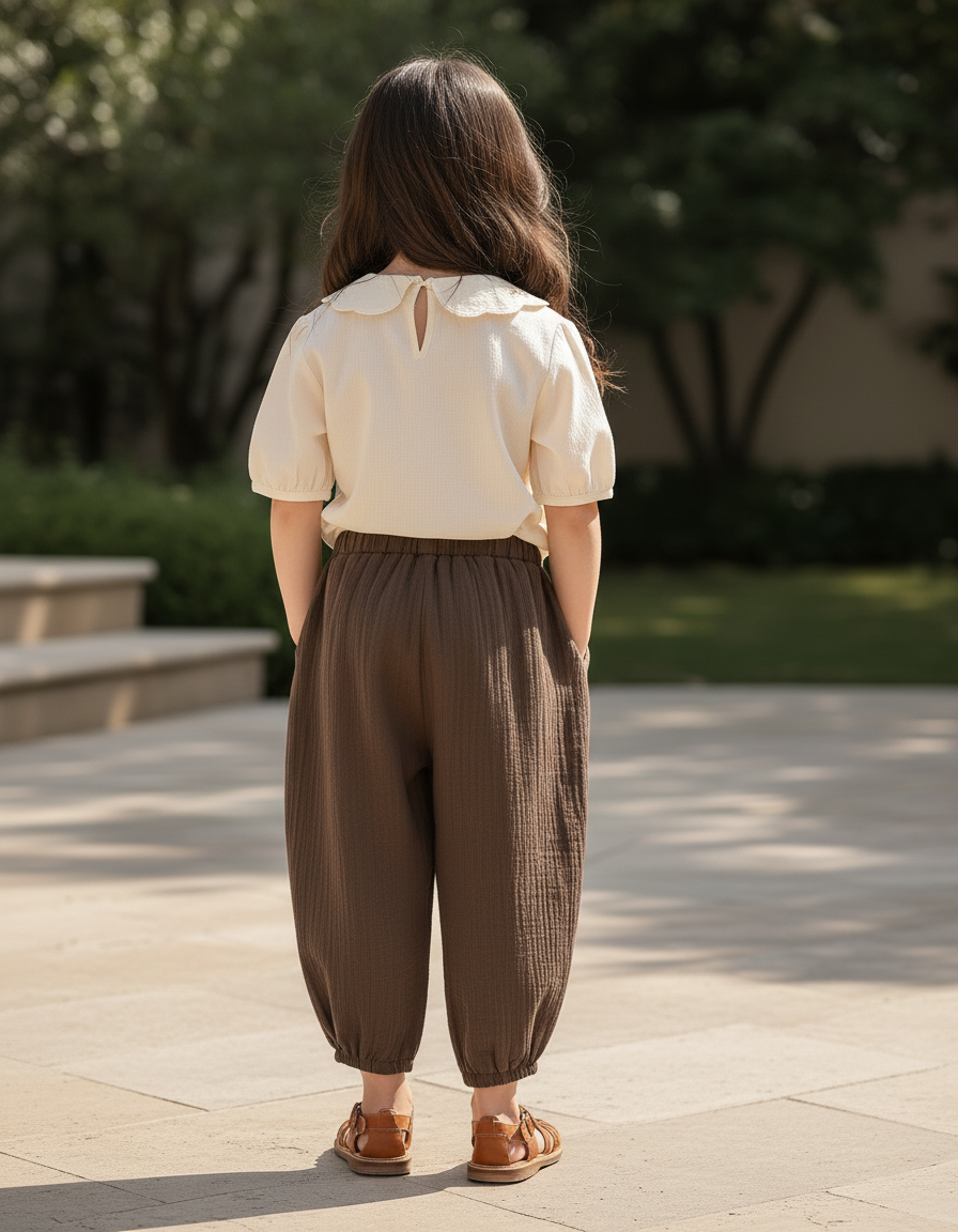 Pantalon En Lin Enfant Ample Marron Décontracté Léger - vue 2