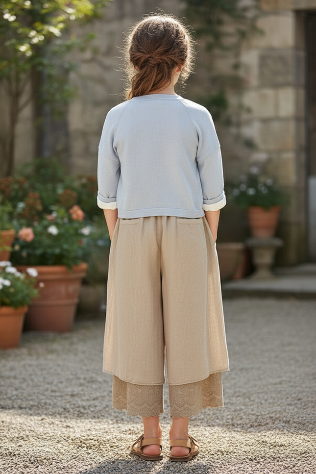 Pantalon En Lin Beige Ample Plissé Dentelle Fille - vue 2