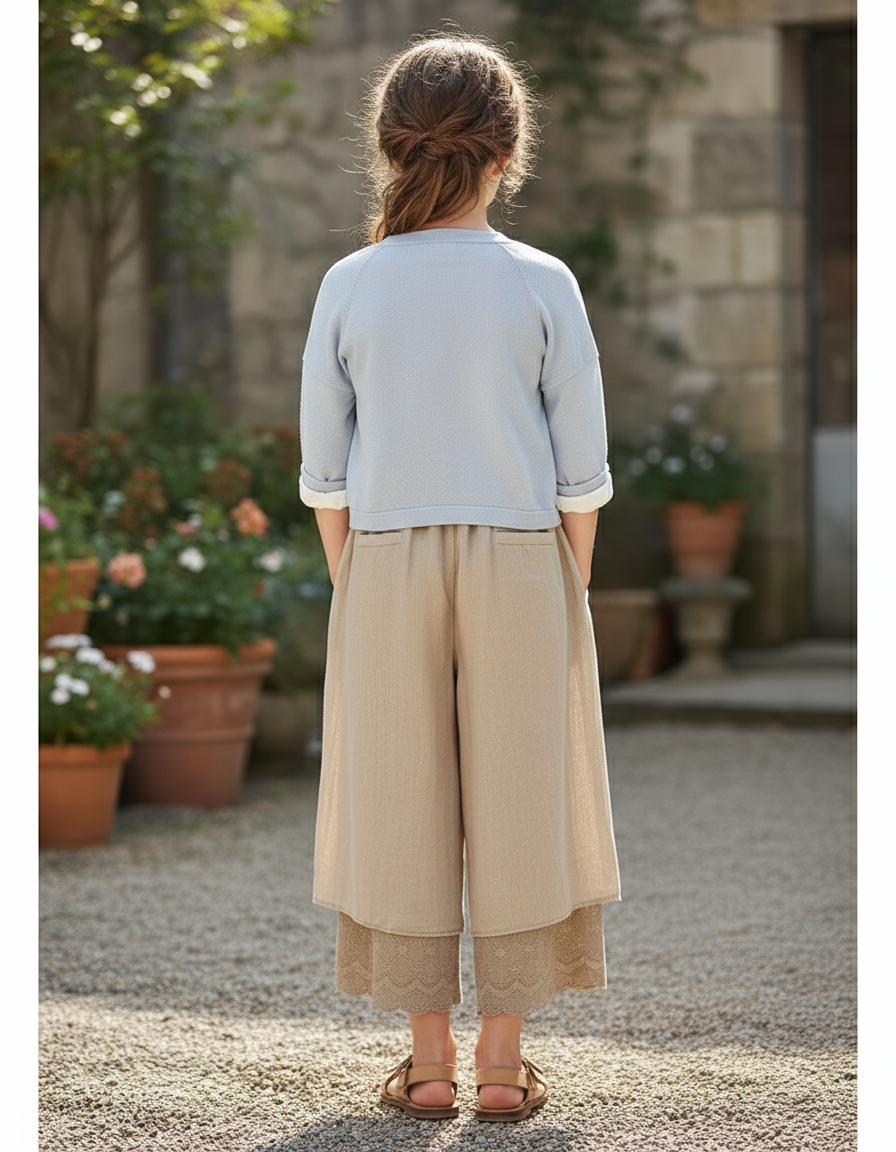 Pantalon En Lin Beige Ample Plissé Dentelle Fille - vue 2