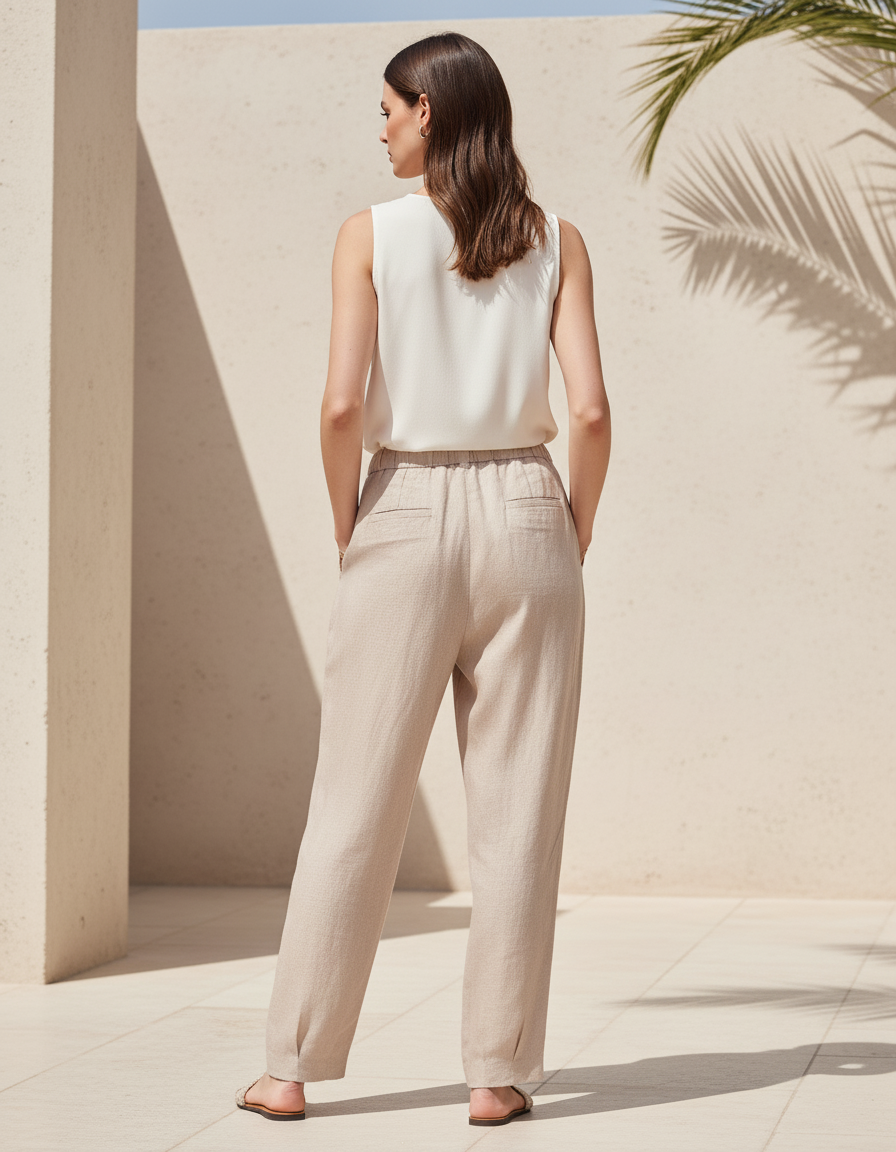 Pantalon En Lin Beige Ample Taille Élastique Décontracté Fluide - vue 2