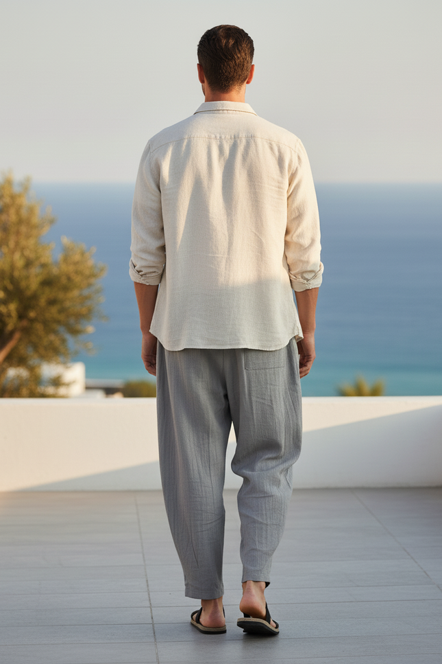 Pantalon En Lin Gris Plissé Ample Décontracté Homme - vue 2