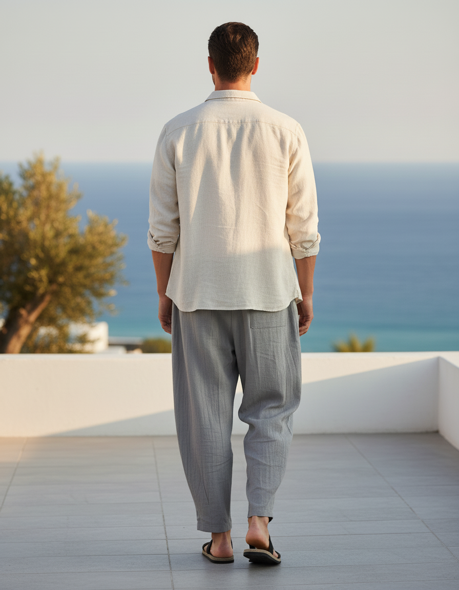 Pantalon En Lin Gris Plissé Ample Décontracté Homme - vue 2