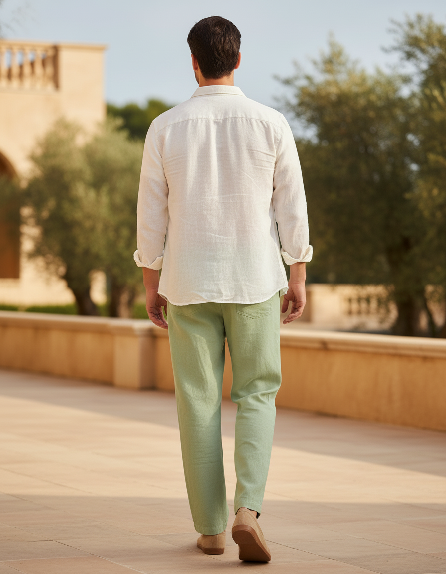 Pantalon Lin Vert Clair - vue 2